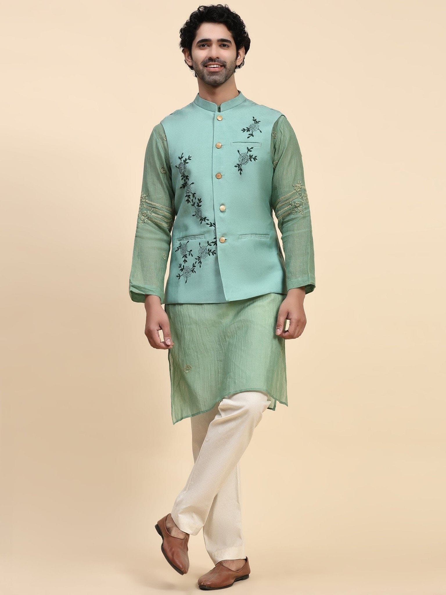 Light Green Cotton Men Kurta set - Charkha TalesLight Green Cotton Men Kurta set