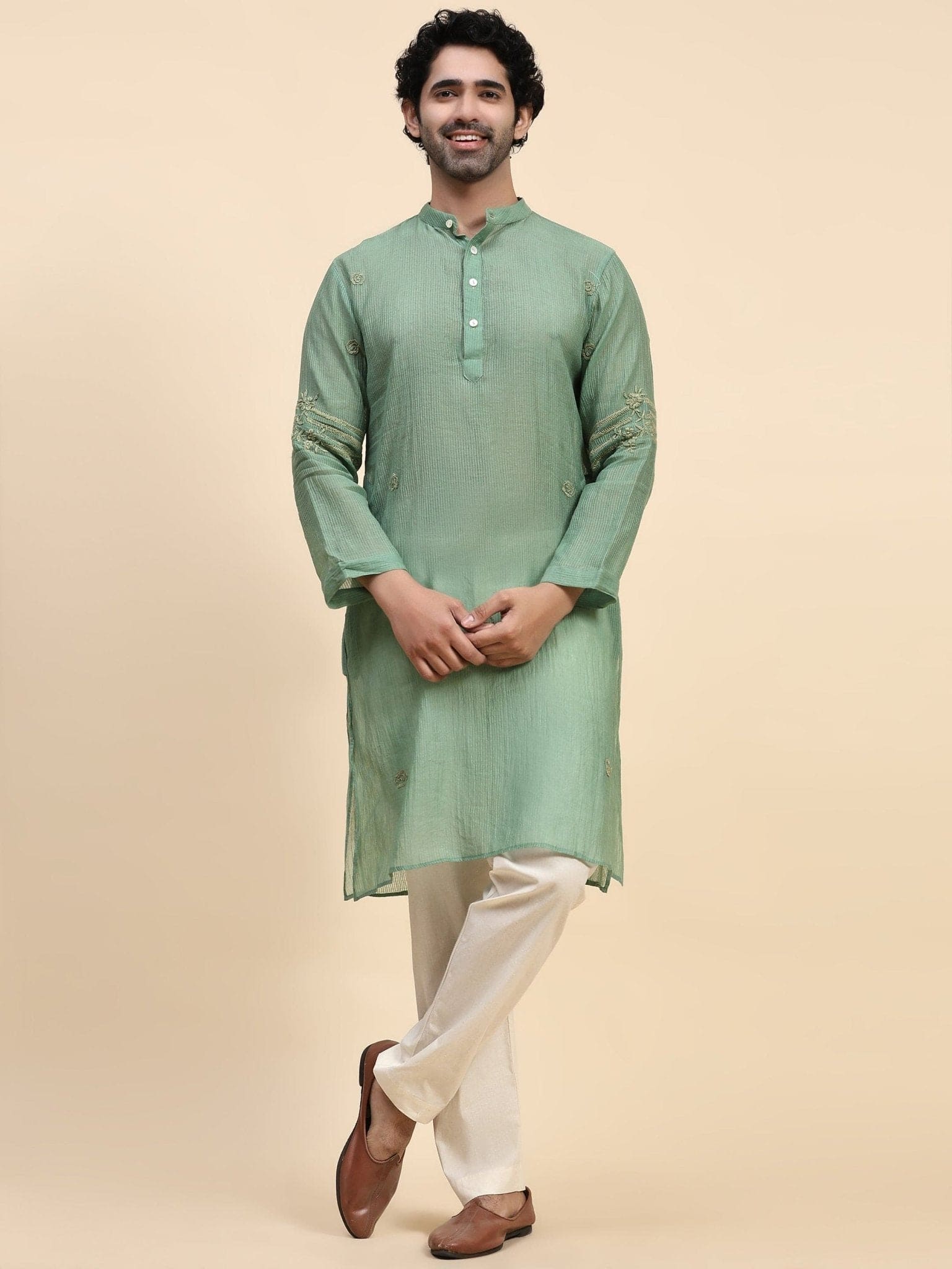 Light Green Cotton Men Kurta set - Charkha TalesLight Green Cotton Men Kurta set