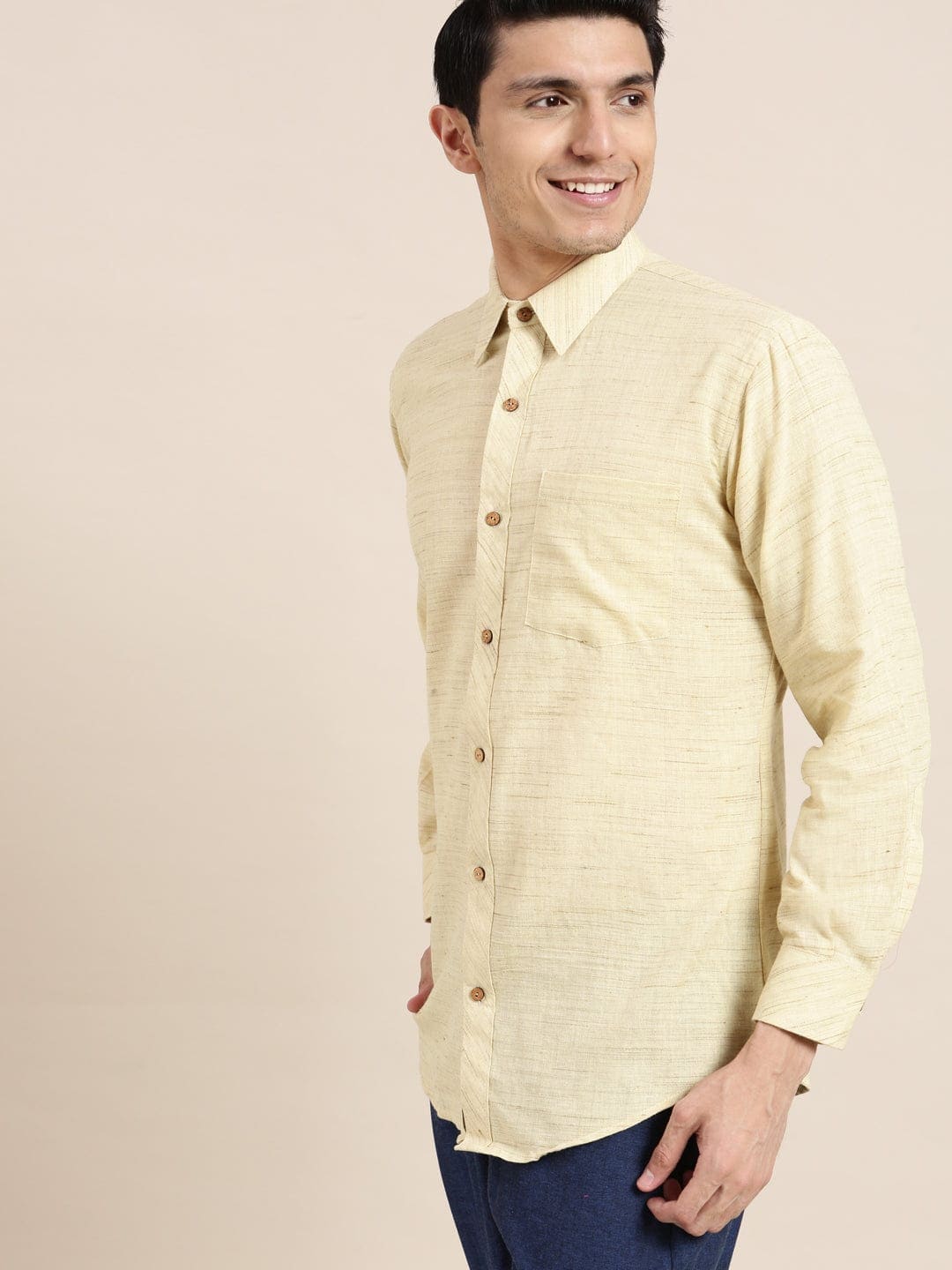 Light Yellow Cotton Men Shirt - Charkha TalesLight Yellow Cotton Men Shirt