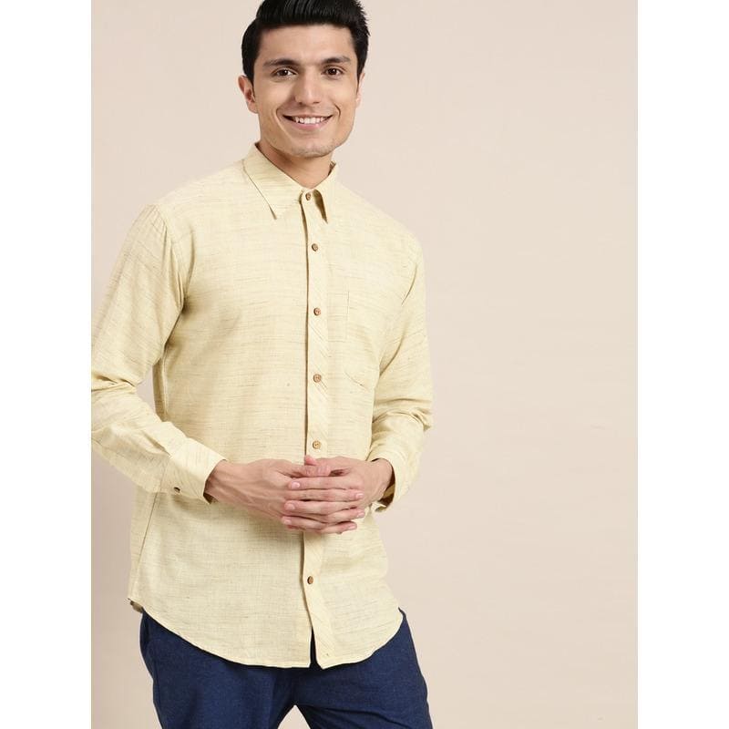 Light Yellow Cotton Men Shirt - Charkha TalesLight Yellow Cotton Men Shirt