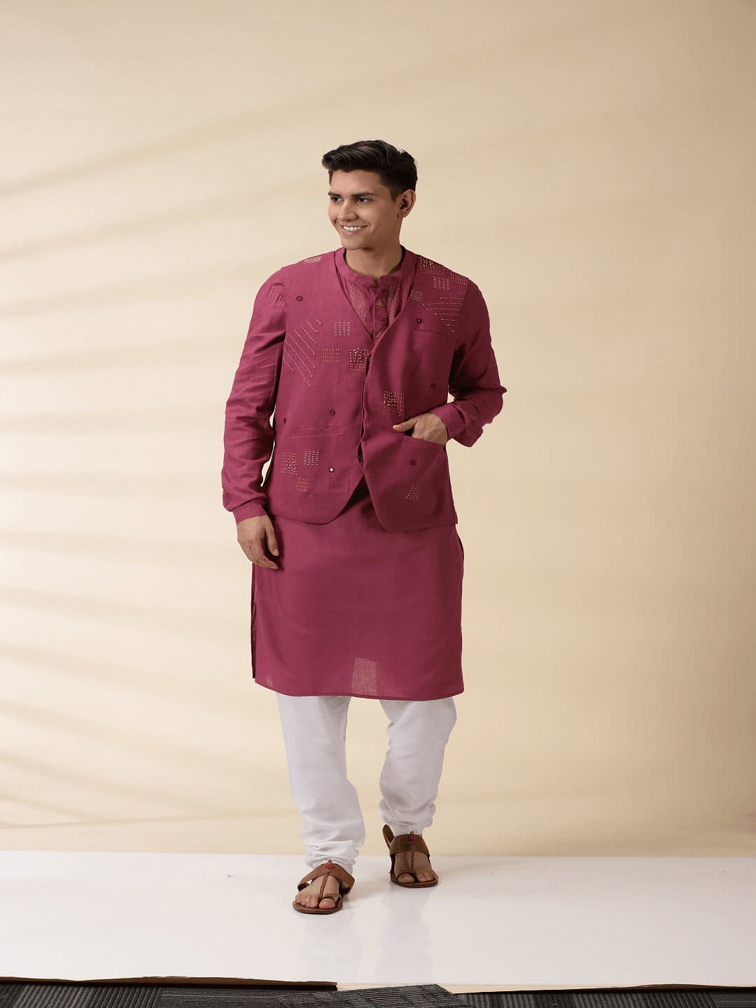 Majenta Khadi Men Sadri & Kurta Set - Charkha TalesMajenta Khadi Men Sadri & Kurta Set