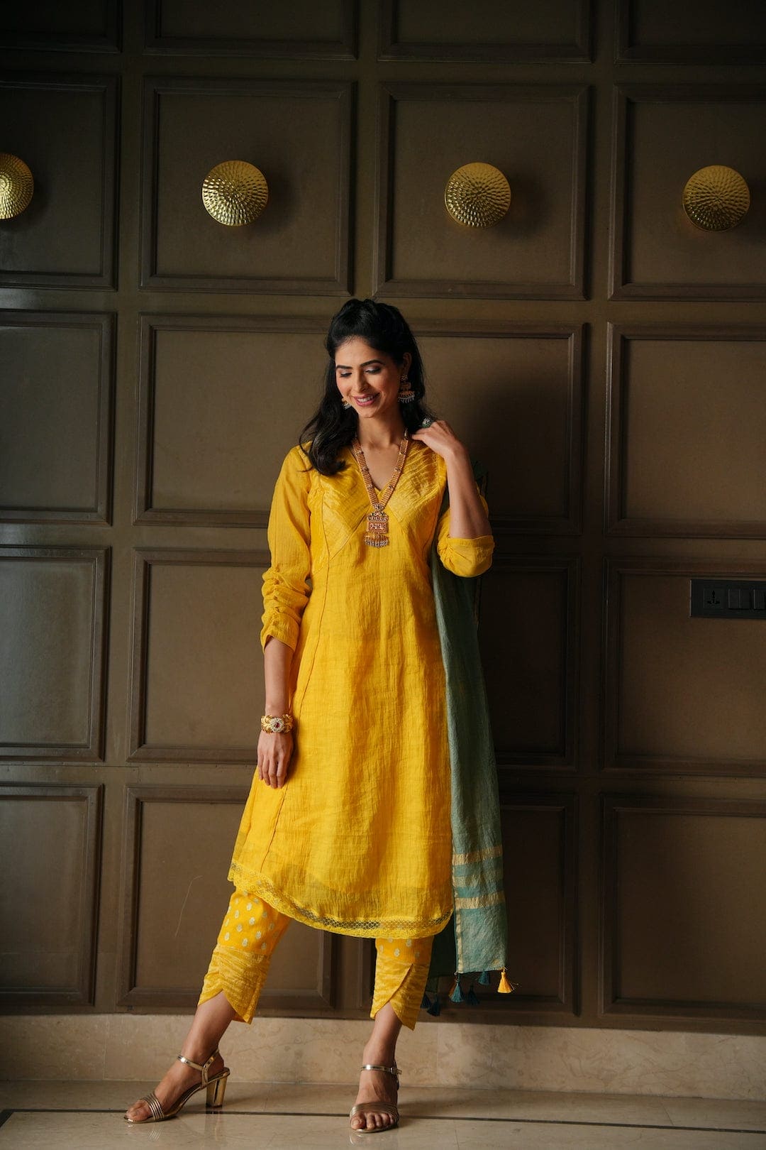 Mango Yellow Pannel Kurta Set - Charkha TalesMango Yellow Pannel Kurta Set