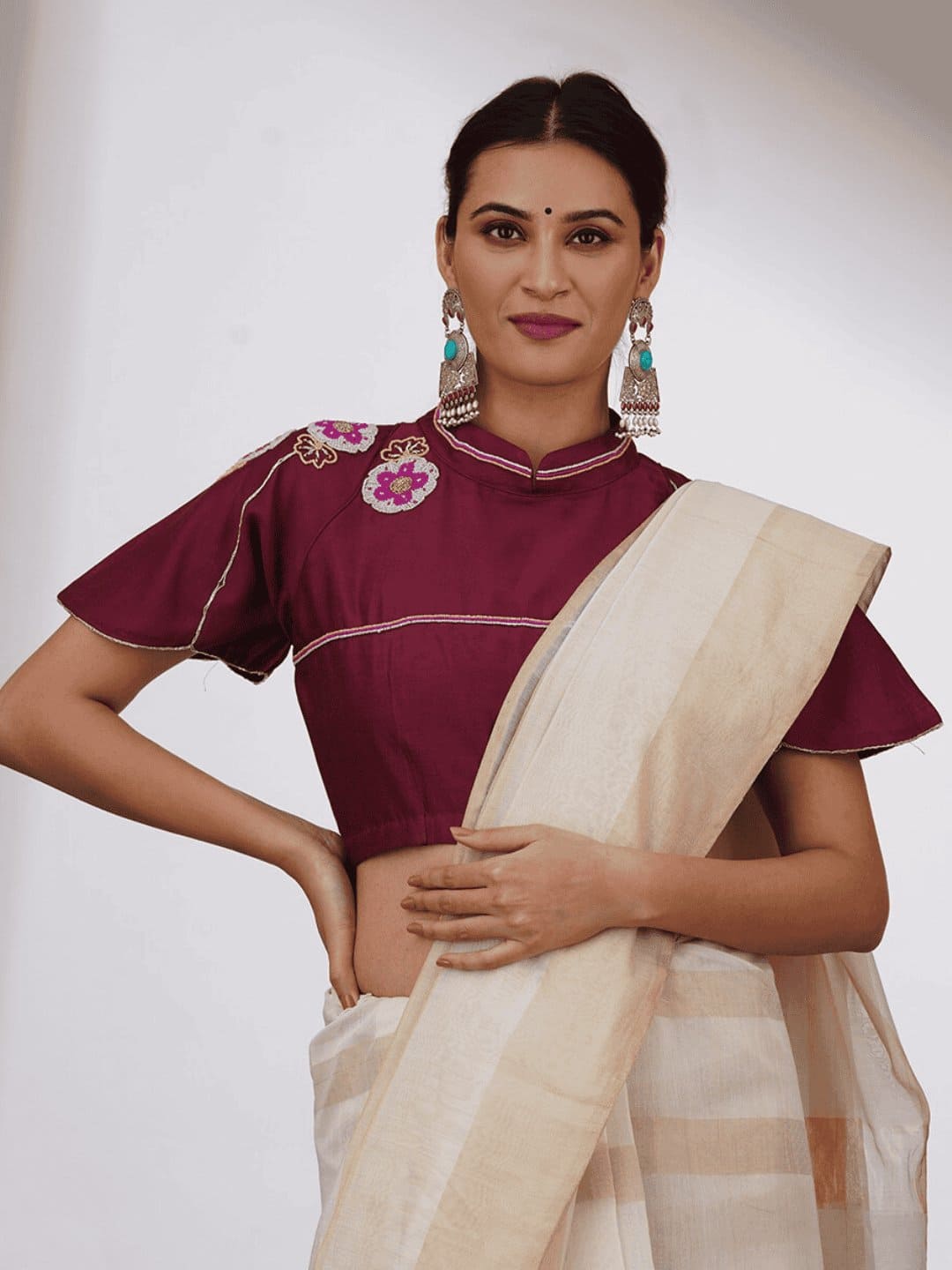 Maroon Beads Chanderi Silk Blouse - Charkha TalesMaroon Beads Chanderi Silk Blouse