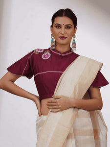 Beads Chanderi Silk Blouse - Maroon