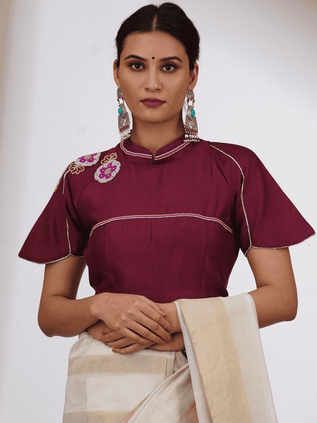Maroon Beads Chanderi Silk Blouse - Charkha TalesMaroon Beads Chanderi Silk Blouse