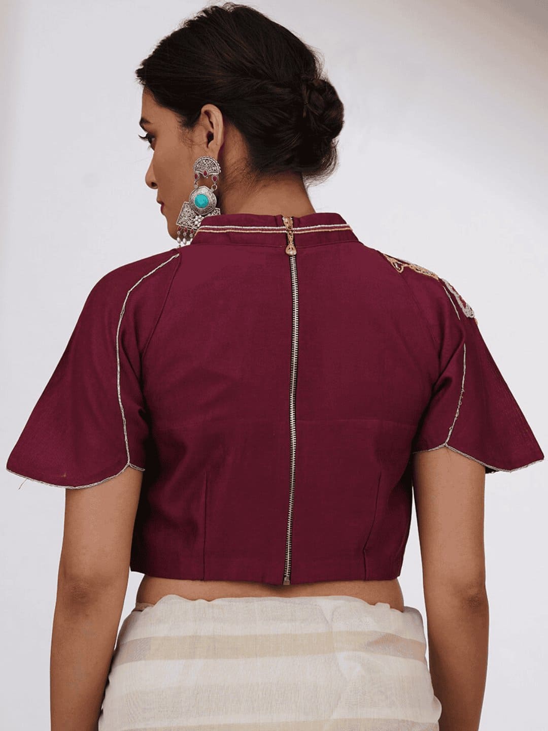 Maroon Beads Chanderi Silk Blouse - Charkha TalesMaroon Beads Chanderi Silk Blouse