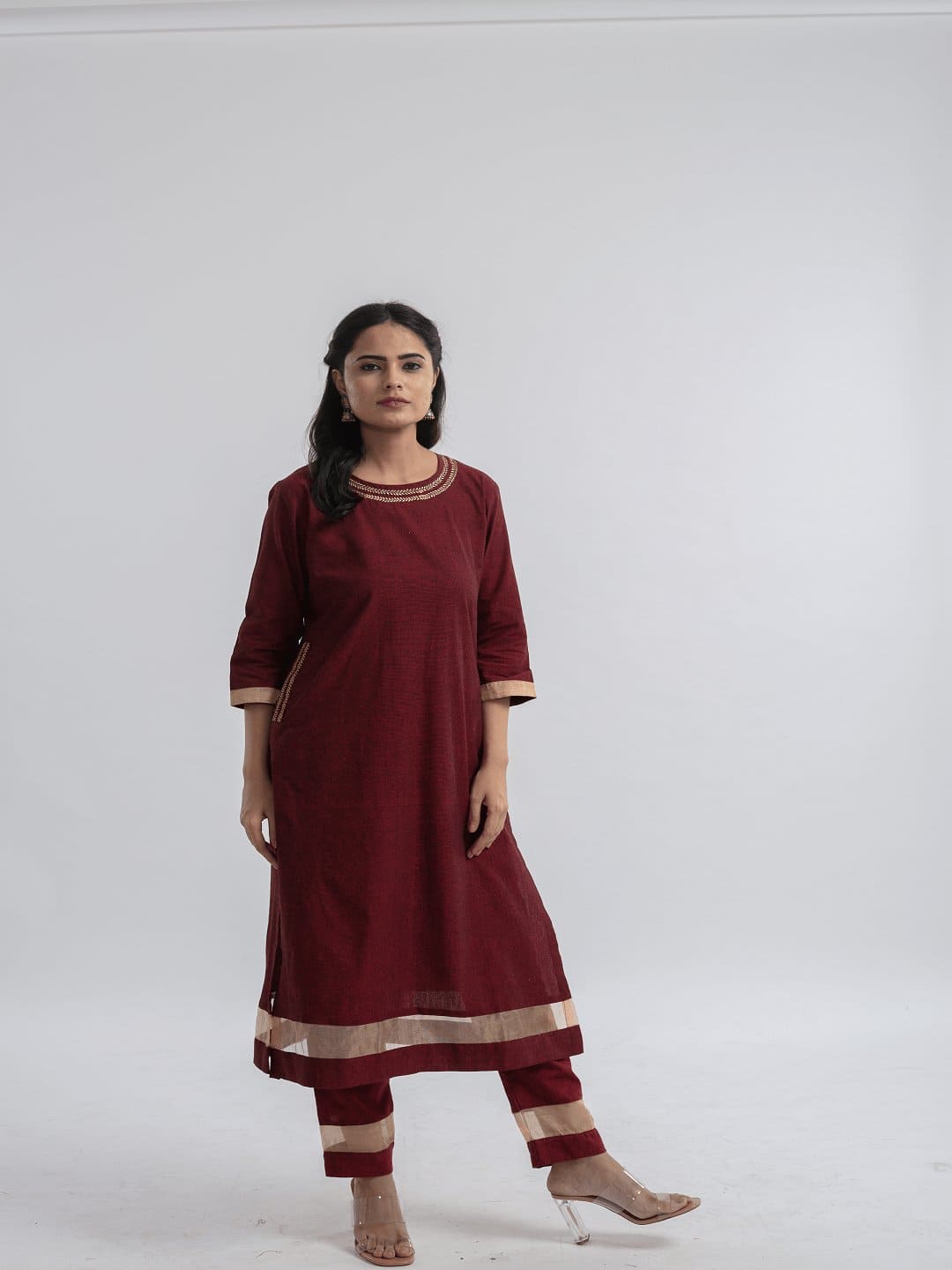 Maroon Cotton Zari Kurta Set - Charkha TalesMaroon Cotton Zari Kurta Set