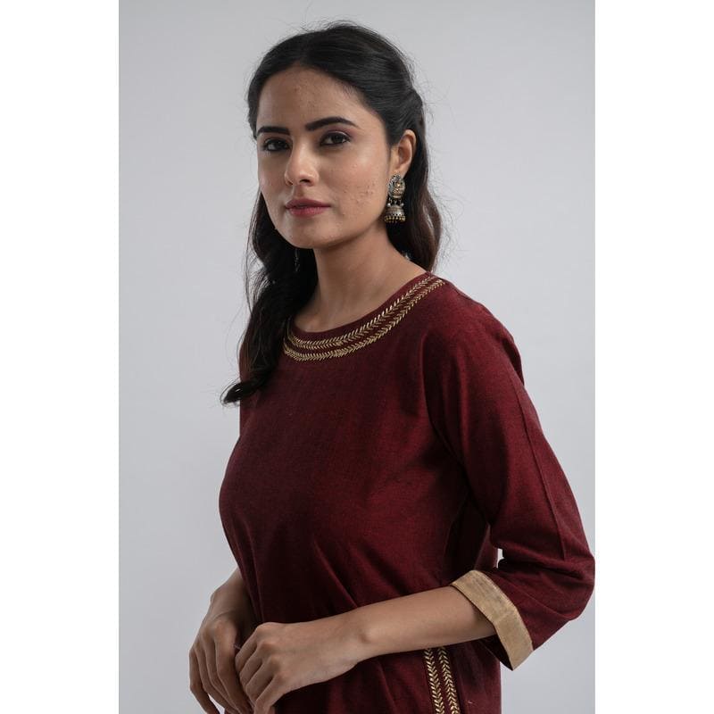 Maroon Cotton Zari Kurta Set - Charkha TalesMaroon Cotton Zari Kurta Set