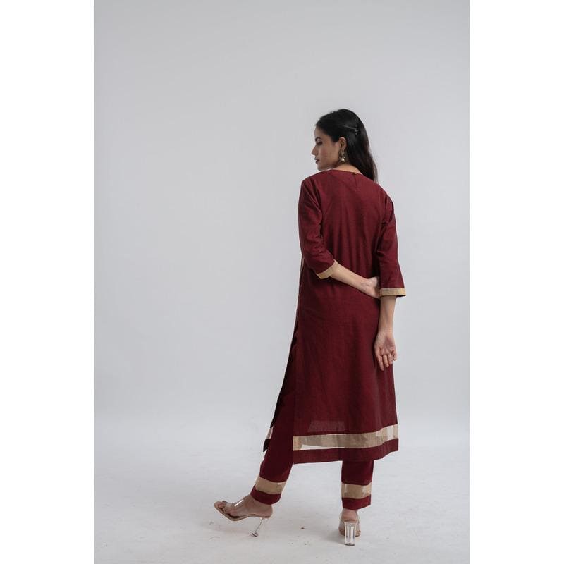 Maroon Cotton Zari Kurta Set - Charkha TalesMaroon Cotton Zari Kurta Set