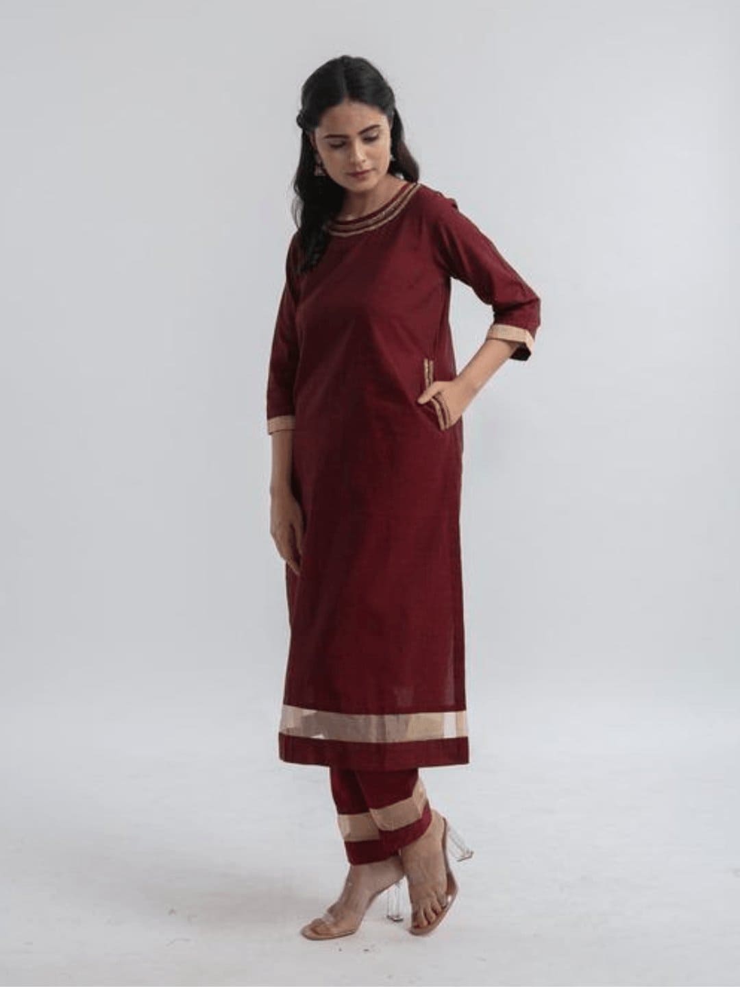 Maroon Cotton Zari Kurta Set - Charkha TalesMaroon Cotton Zari Kurta Set