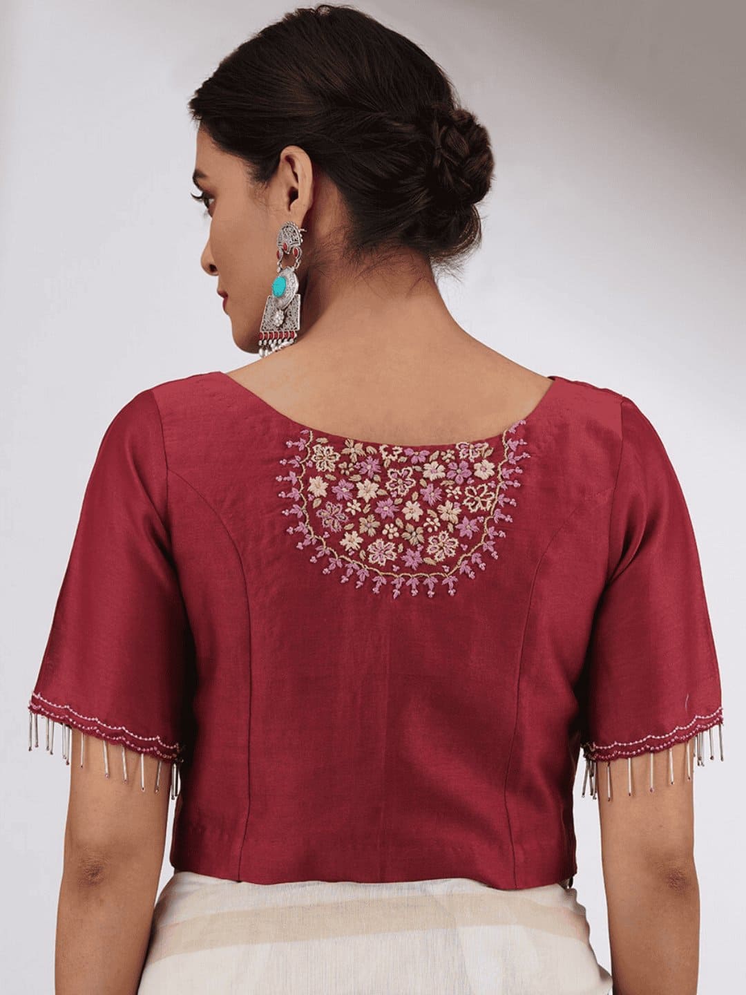 Maroon Embroidered Chanderi Silk Blouse - Charkha TalesMaroon Embroidered Chanderi Silk Blouse