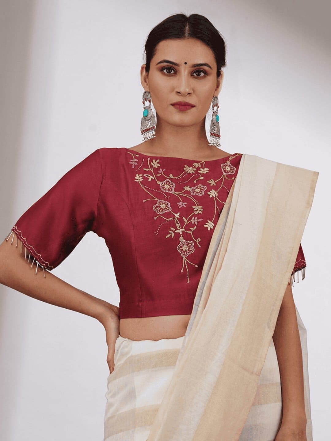 Maroon Embroidered Chanderi Silk Blouse - Charkha TalesMaroon Embroidered Chanderi Silk Blouse