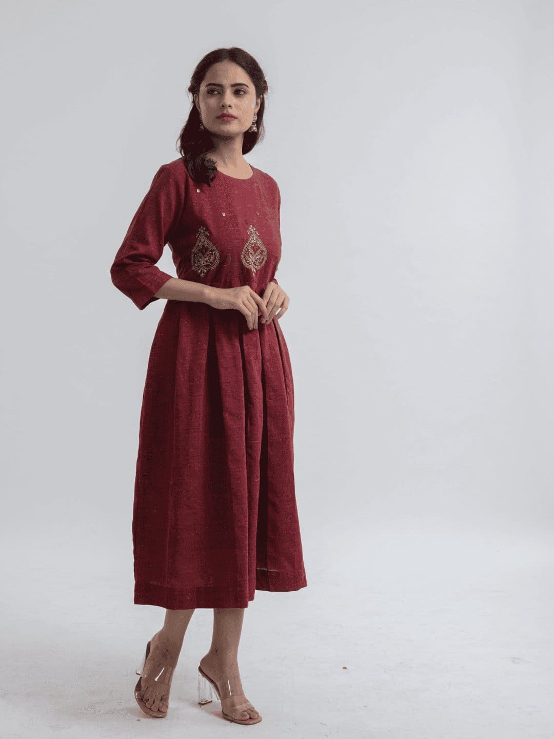 Maroon Floral Embroidered Dress - Charkha TalesMaroon Floral Embroidered Dress