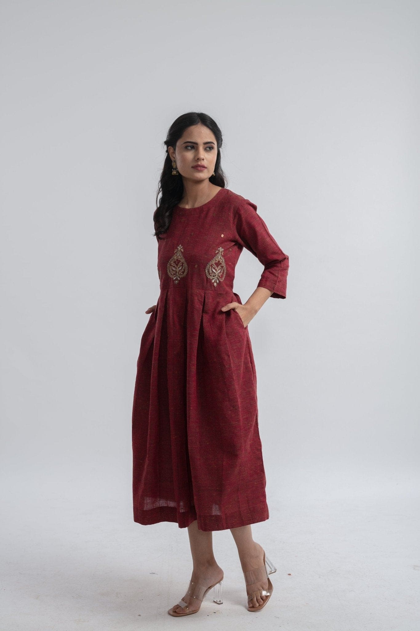 Maroon Floral Embroidered Dress - Charkha TalesMaroon Floral Embroidered Dress