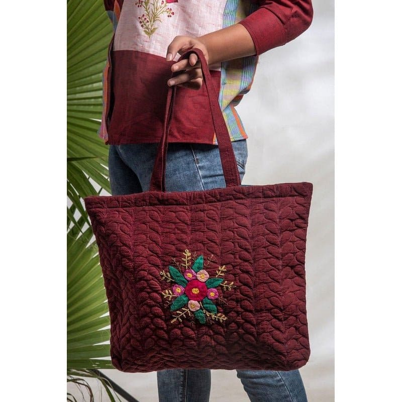 Maroon Hand Embroidered Quilted Bag - Charkha TalesMaroon Hand Embroidered Quilted Bag