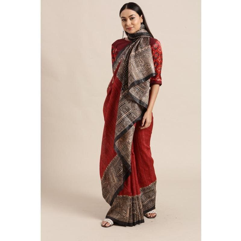 Maroon Madhubani Print Silk Saree - Charkha TalesMaroon Madhubani Print Silk Saree