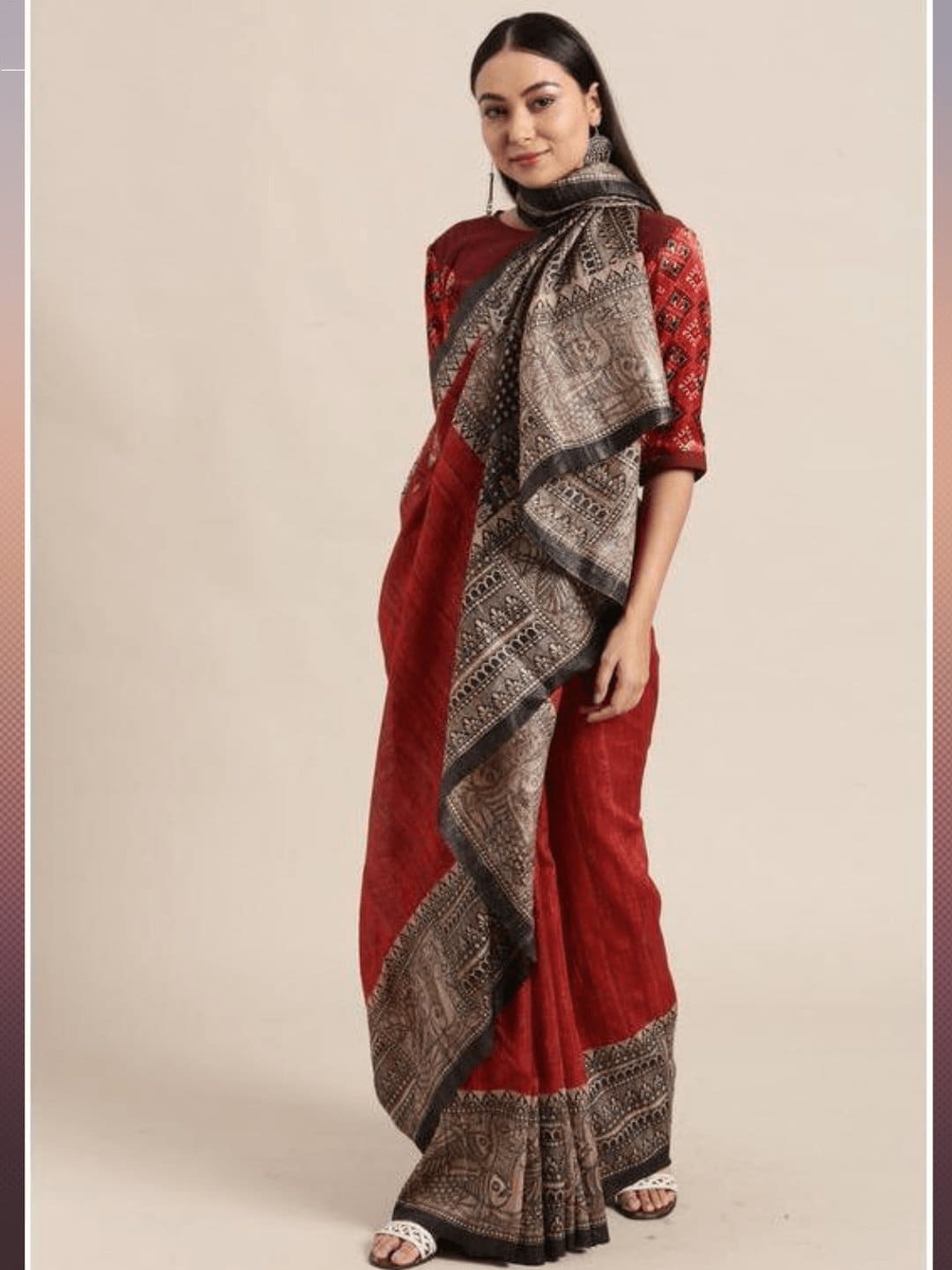 Maroon Madhubani Print Silk Saree - Charkha TalesMaroon Madhubani Print Silk Saree