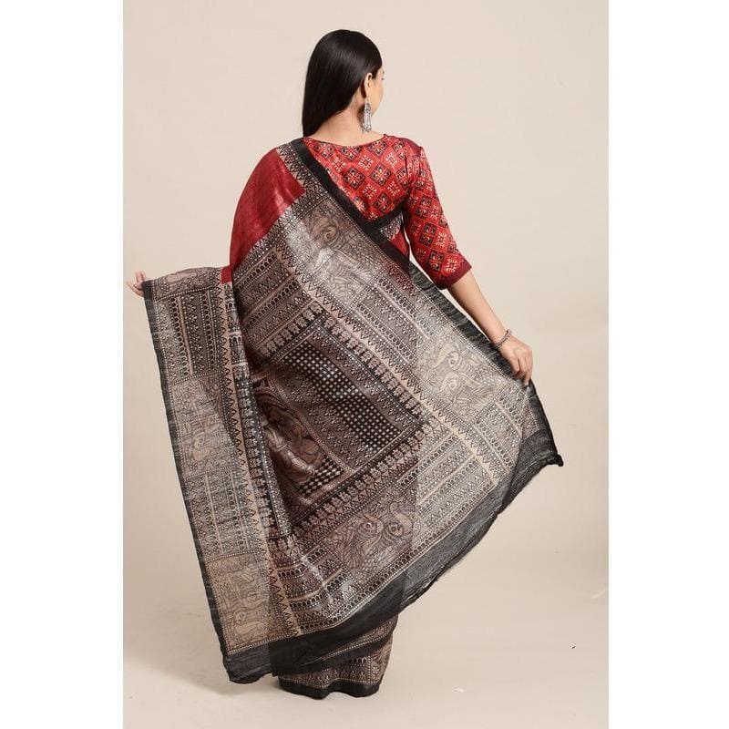 Maroon Madhubani Print Silk Saree - Charkha TalesMaroon Madhubani Print Silk Saree