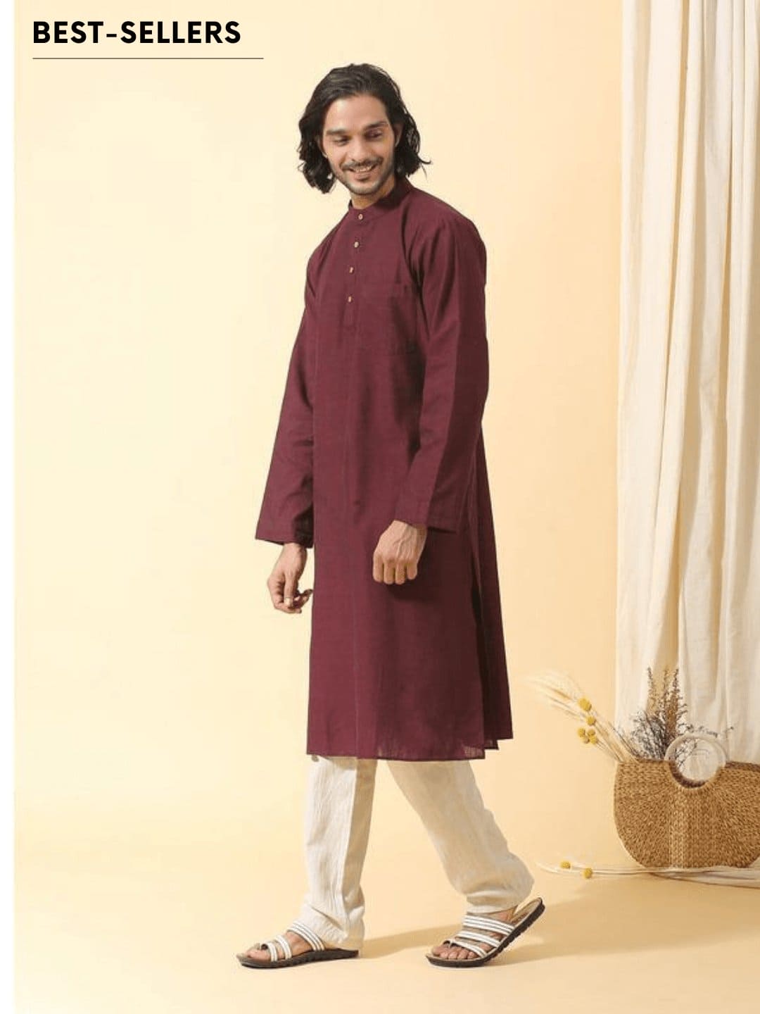 Maroon Men Long Kurta Set - Charkha TalesMaroon Men Long Kurta Set