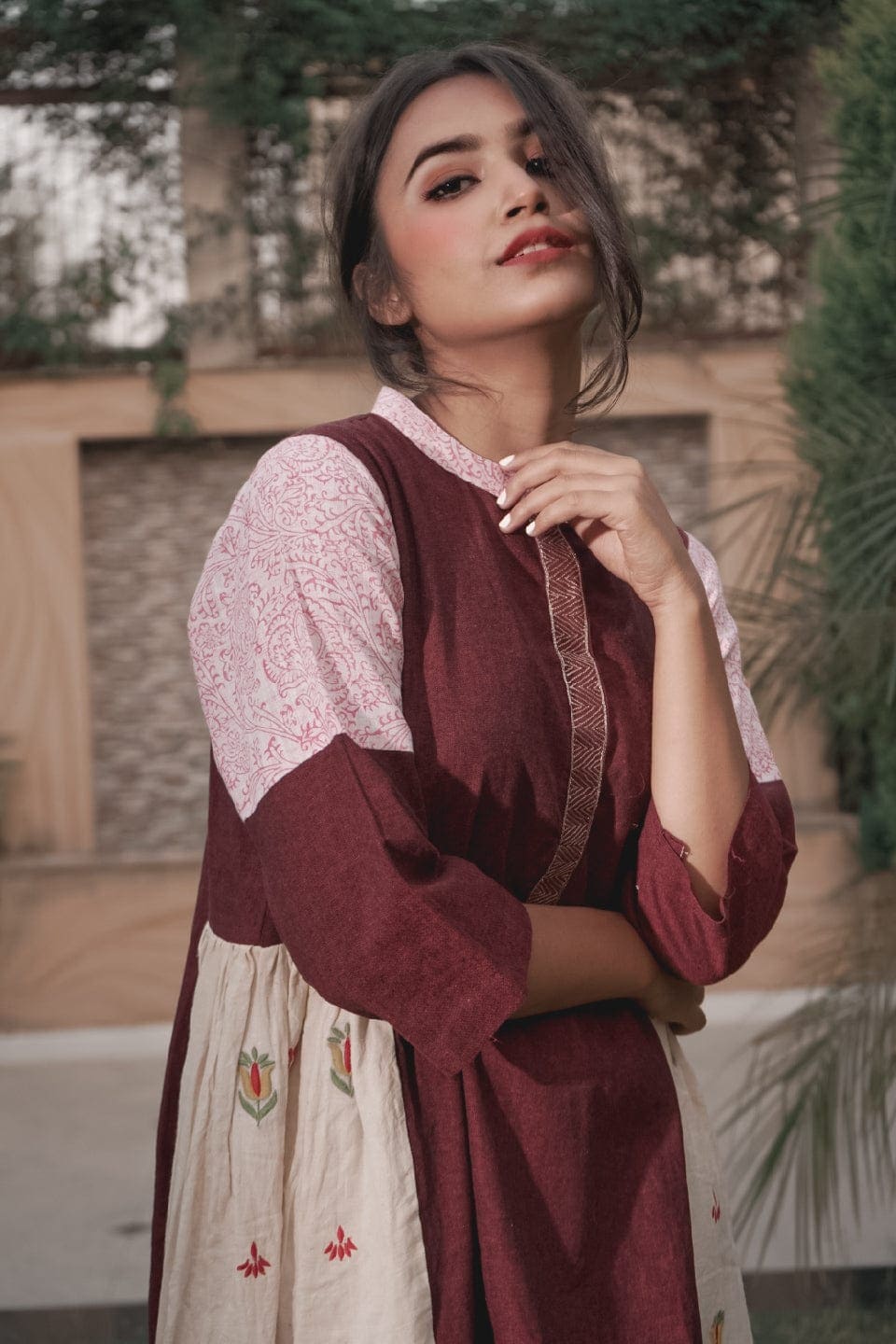 Maroon Patch Wôrk Upcycled Cotton Dress - Charkha TalesMaroon Patch Wôrk Upcycled Cotton Dress