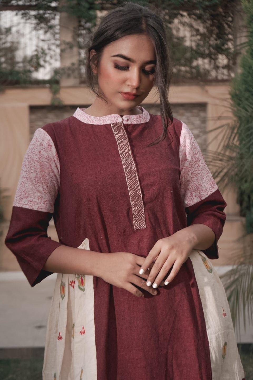 Maroon Patch Wôrk Upcycled Cotton Dress - Charkha TalesMaroon Patch Wôrk Upcycled Cotton Dress