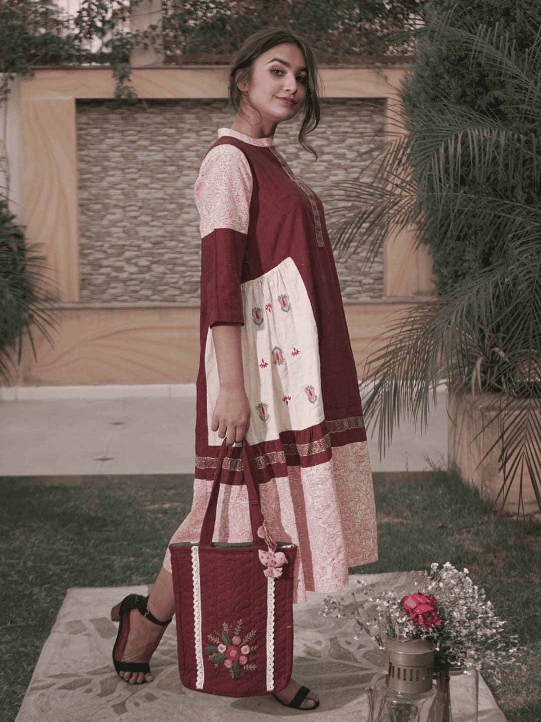 Maroon Patch Wôrk Upcycled Cotton Dress - Charkha TalesMaroon Patch Wôrk Upcycled Cotton Dress