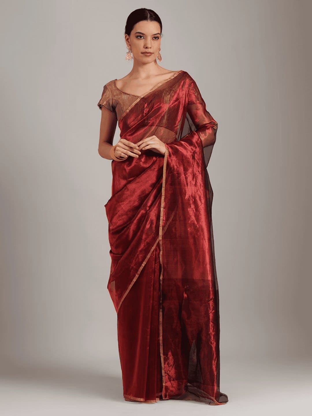 Maroon Red Silk Chanderi Saree - Charkha TalesMaroon Red Silk Chanderi Saree