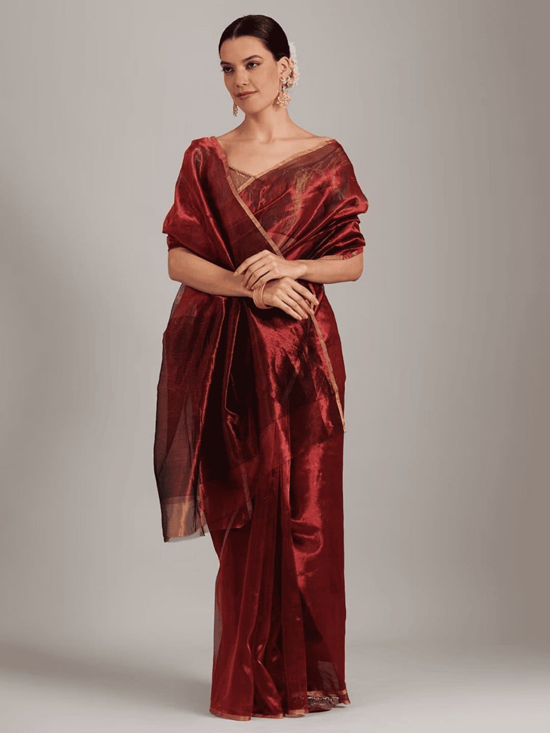 Maroon Red Silk Chanderi Saree - Charkha TalesMaroon Red Silk Chanderi Saree