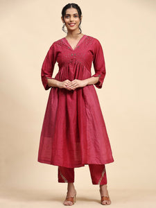 Sequin Work Chanderi Kurta Set - Maroon