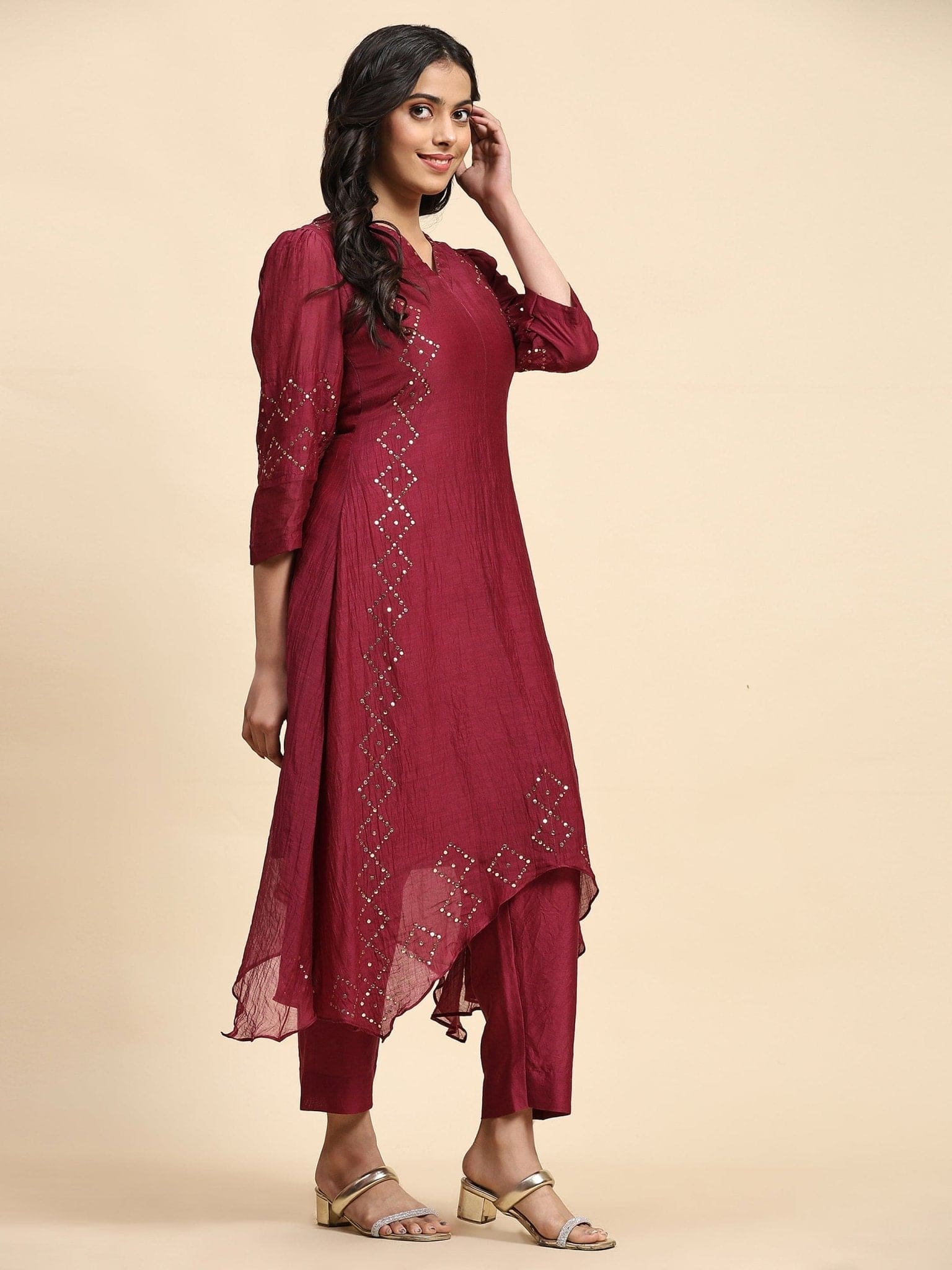 Maroon Sequence Work Chanderi Kurta Set - Charkha TalesMaroon Sequence Work Chanderi Kurta Set