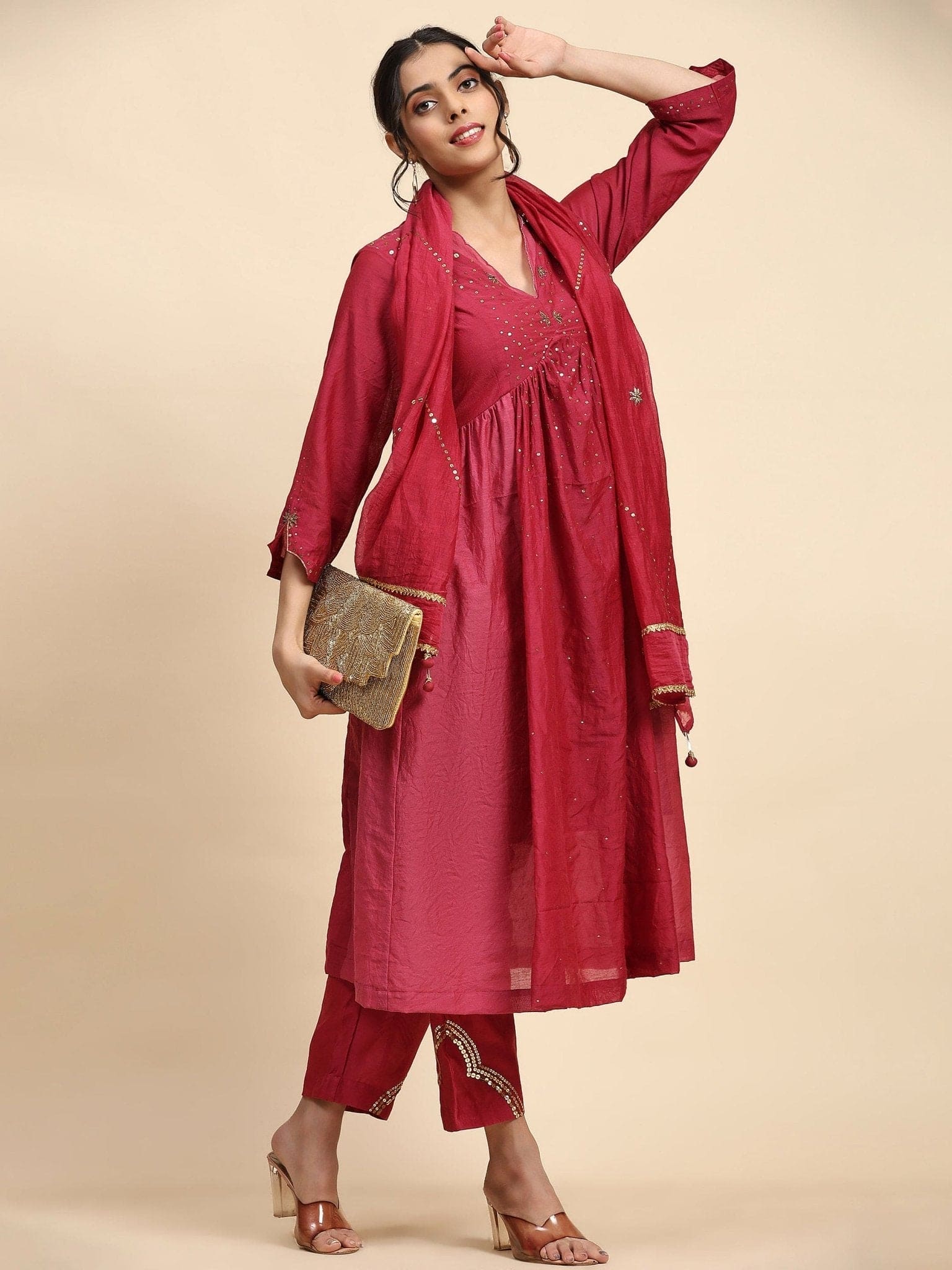 Maroon sequence Work Chanderi Kurta Set - Charkha TalesMaroon sequence Work Chanderi Kurta Set