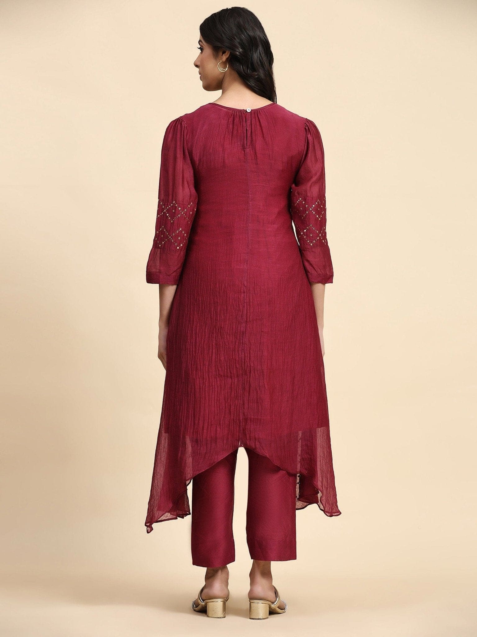 Maroon Sequence Work Chanderi Kurta Set - Charkha TalesMaroon Sequence Work Chanderi Kurta Set