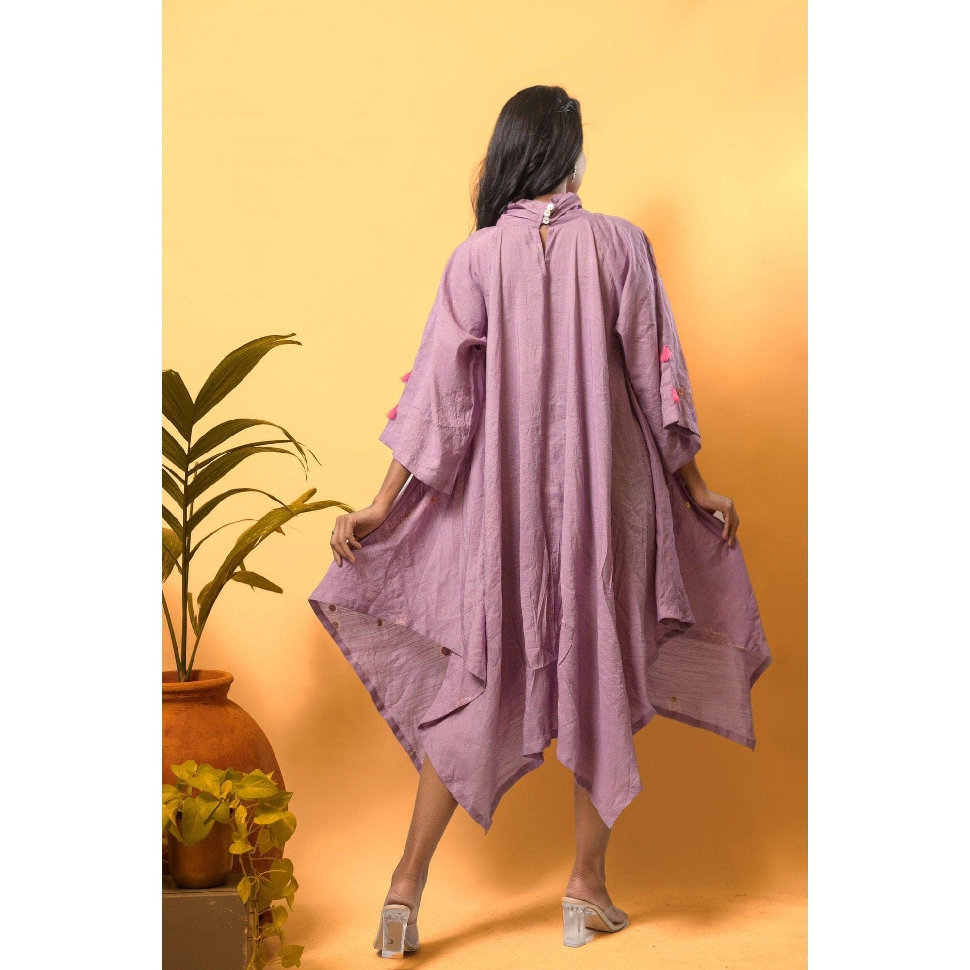 Mauve Chanderi Handkerchief Cut Dress - Charkha TalesMauve Chanderi Handkerchief Cut Dress