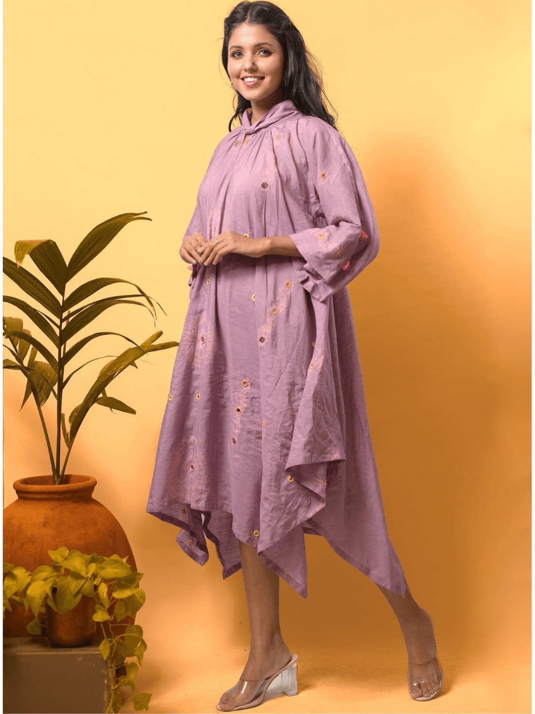 Mauve Chanderi Handkerchief Cut Dress - Charkha TalesMauve Chanderi Handkerchief Cut Dress