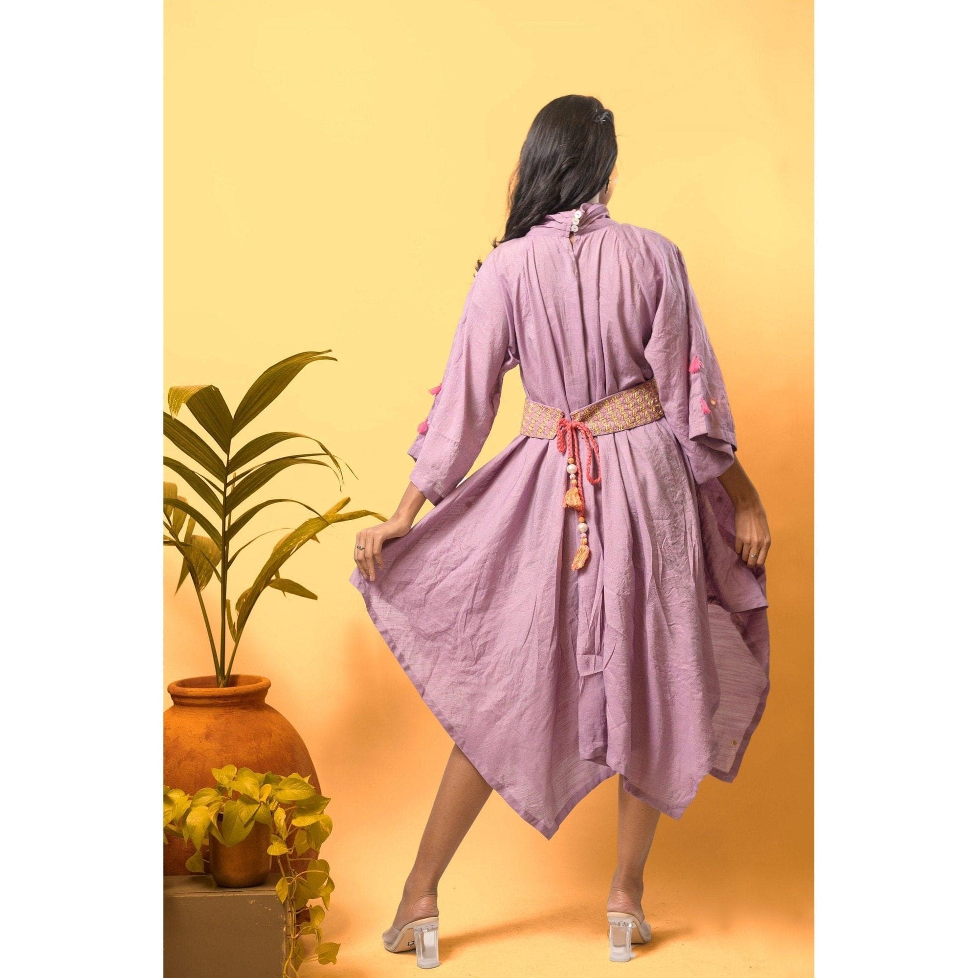 Mauve Chanderi Handkerchief Cut Dress - Charkha TalesMauve Chanderi Handkerchief Cut Dress