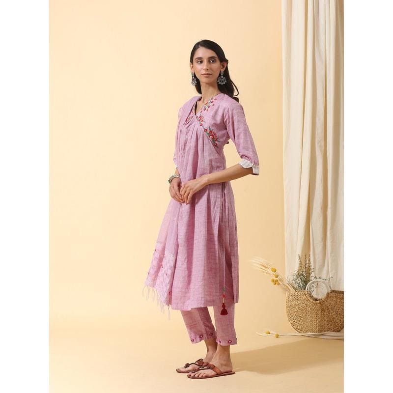 Mauve Colourful Mirror Kurta Set - Charkha TalesMauve Colourful Mirror Kurta Set