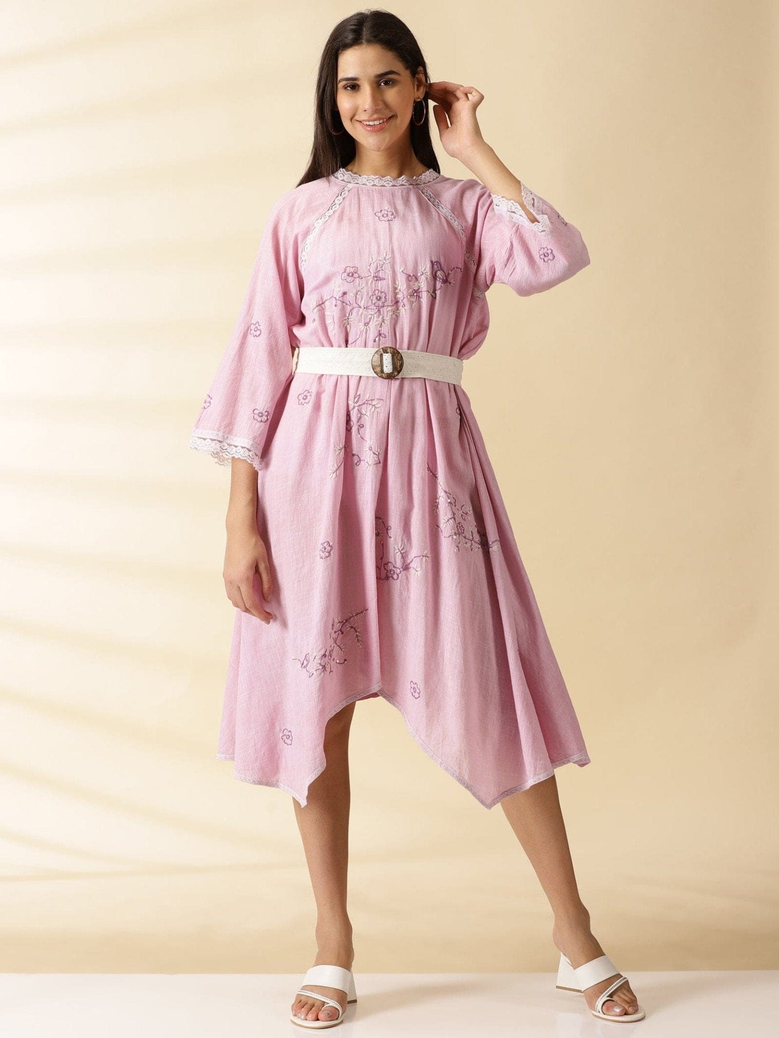 Mauve Embroidered handkercheif Dress - Charkha TalesMauve Embroidered handkercheif Dress