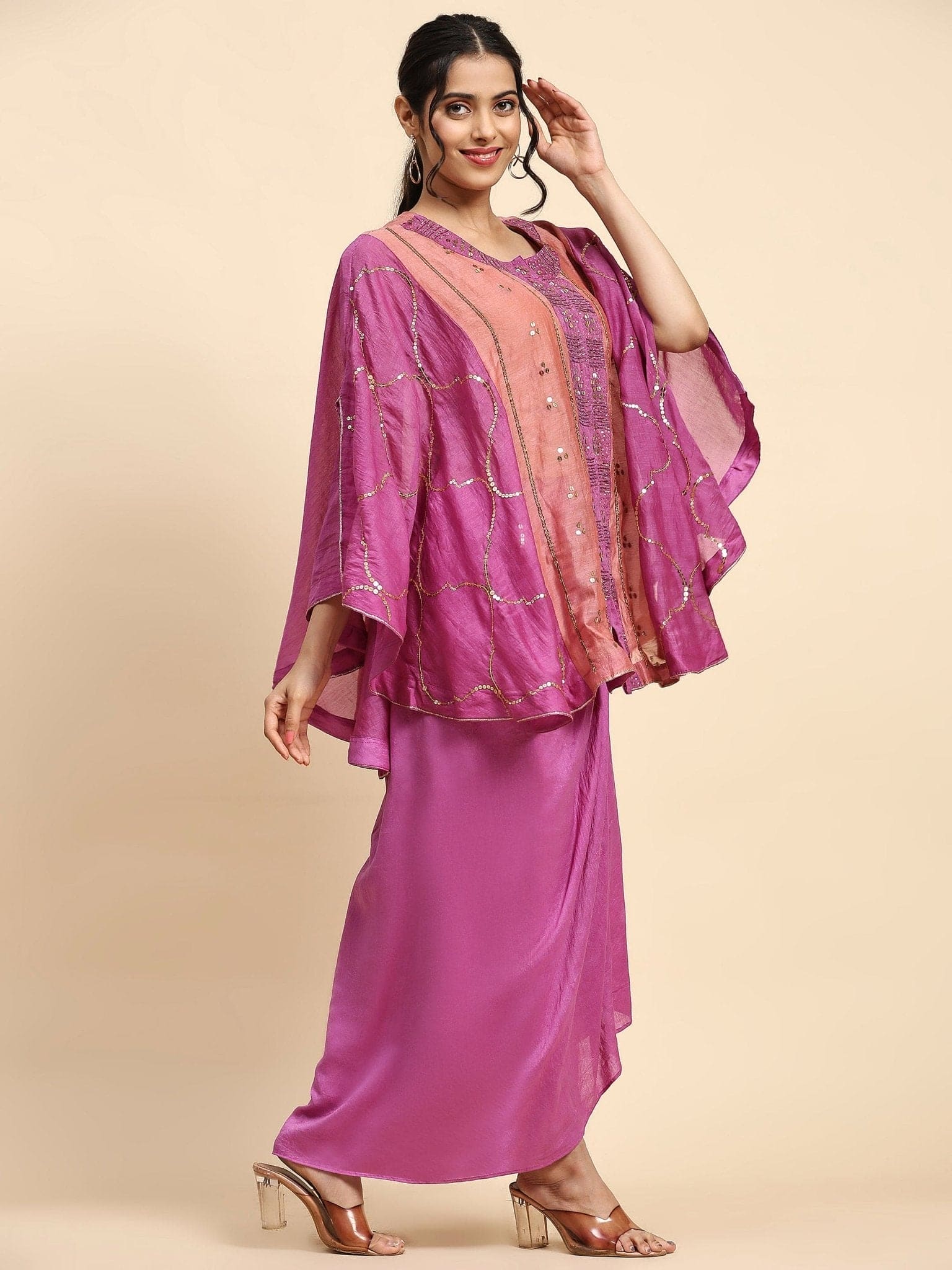 Mauve pink Mukaish Work Cape Set - Charkha TalesMauve pink Mukaish Work Cape Set