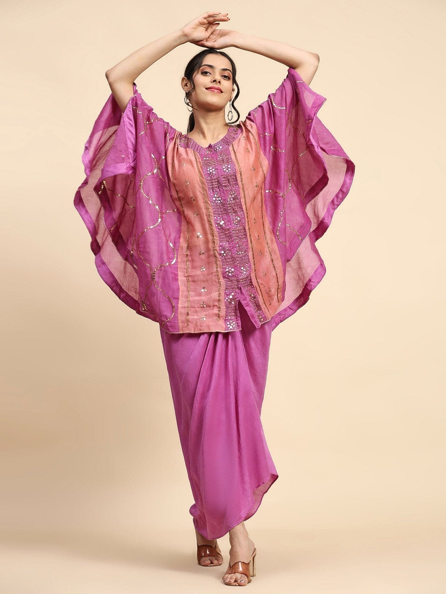 Mauve pink Mukaish Work Cape Set - Charkha TalesMauve pink Mukaish Work Cape Set