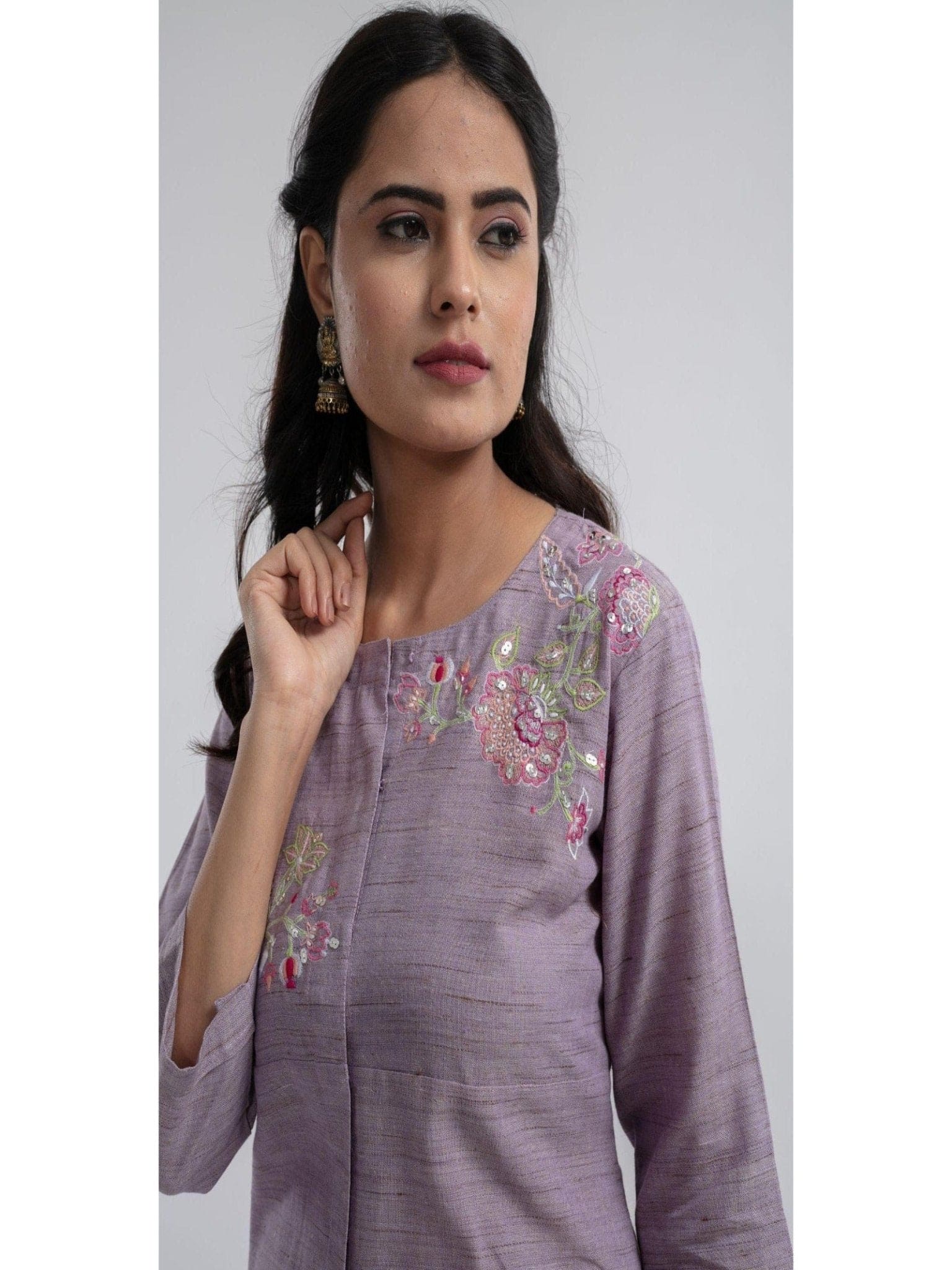 Mauve Textured Embroidered Co-Ord Set - Charkha TalesMauve Textured Embroidered Co-Ord Set