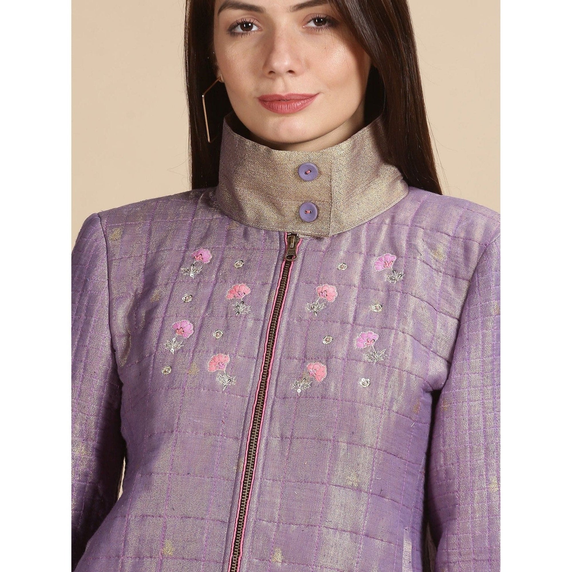 Mauve Zari Bomber Jacket - Charkha TalesMauve Zari Bomber Jacket