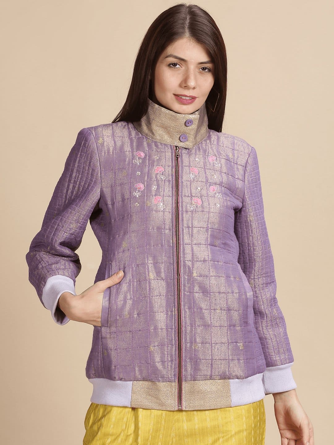 Mauve Zari Bomber Jacket - Charkha TalesMauve Zari Bomber Jacket