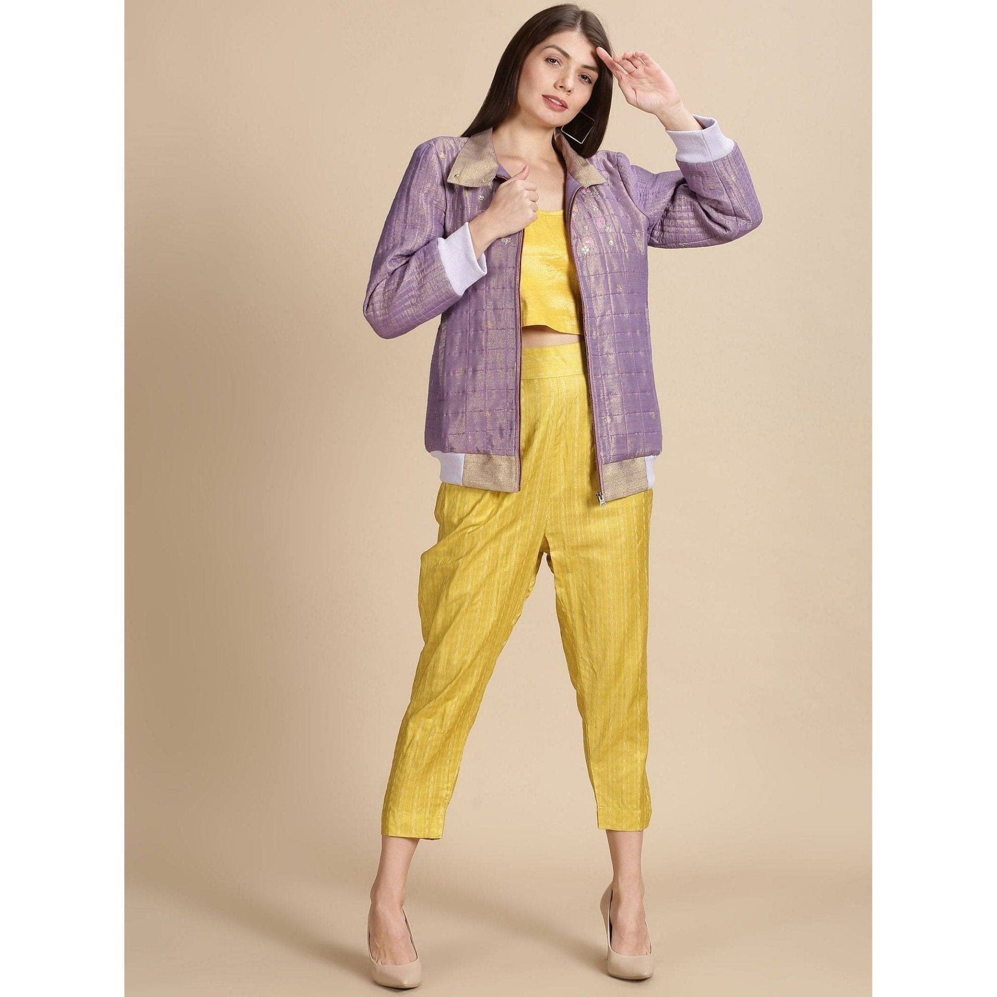 Mauve Zari Bomber Jacket - Charkha TalesMauve Zari Bomber Jacket