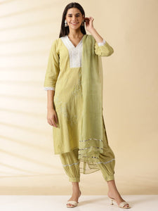 Chikan Embroidered Kurta Set - Mehendi Green