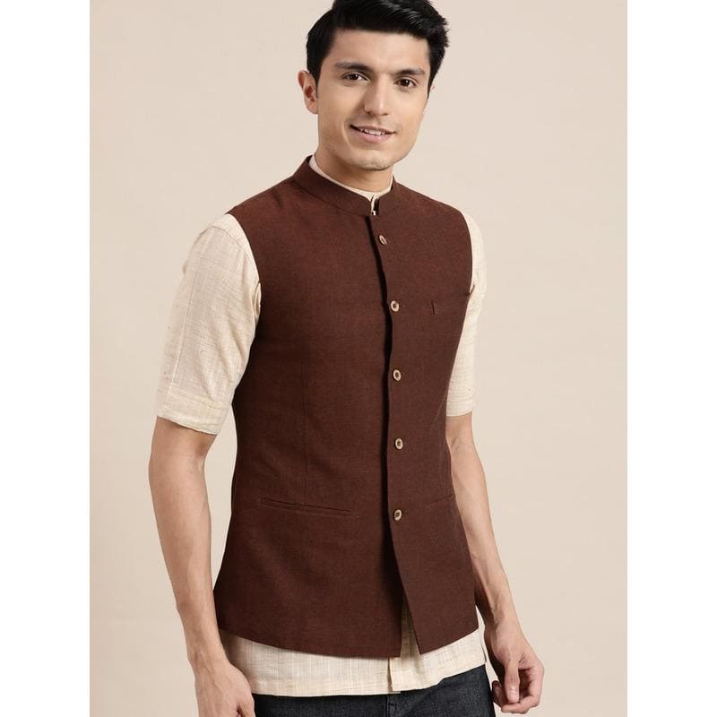 Men Royal Brown Nehru Jacket - Charkha TalesMen Royal Brown Nehru Jacket