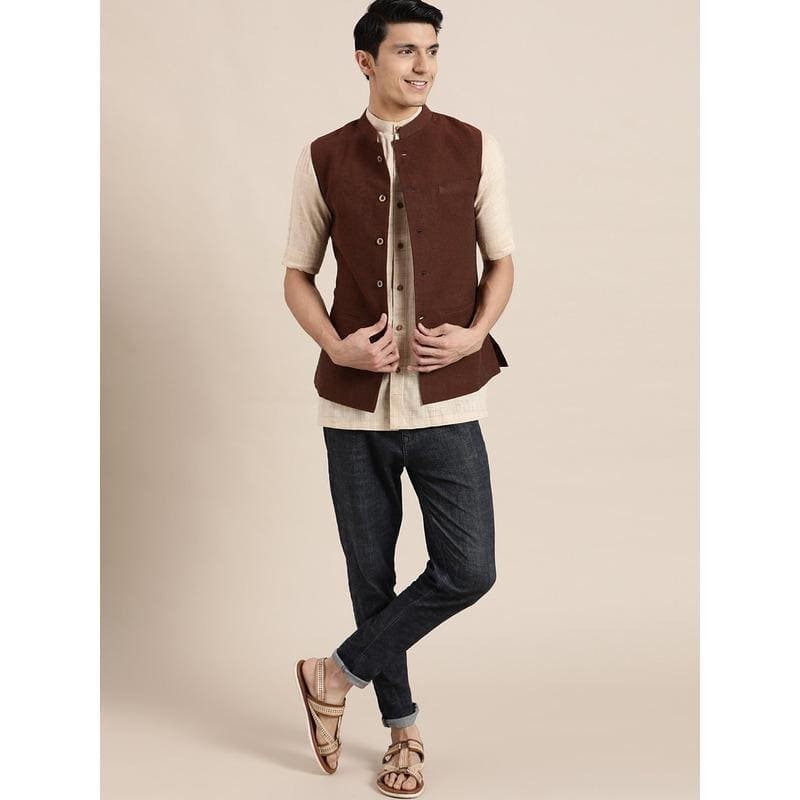 Men Royal Brown Nehru Jacket - Charkha TalesMen Royal Brown Nehru Jacket