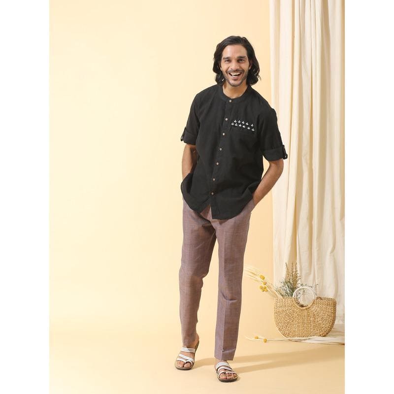 Men's Black Cotton Men Shirt - Charkha TalesMen's Black Cotton Men Shirt