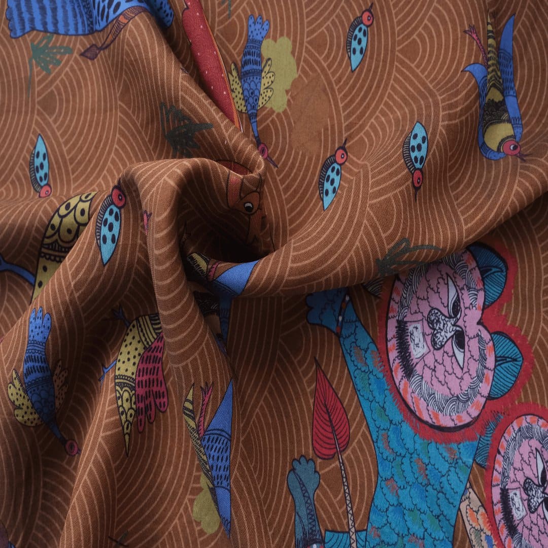 Multicolor Gond Print Silk Fabric - Charkha TalesMulticolor Gond Print Silk Fabric