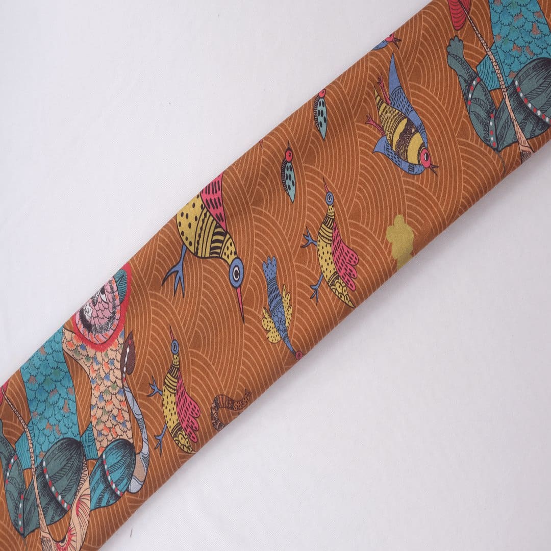 Multicolor Gond Print Silk Fabric - Charkha TalesMulticolor Gond Print Silk Fabric