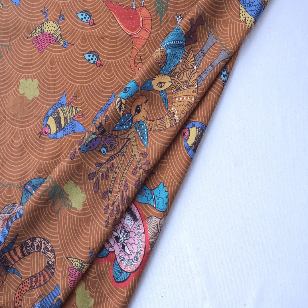 Multicolor Gond Print Silk Fabric - Charkha TalesMulticolor Gond Print Silk Fabric